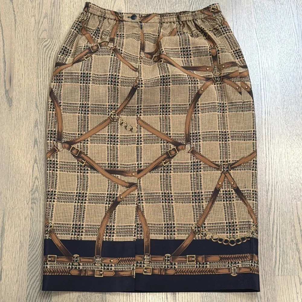 Vintage Koret Skirt Size 12 12P Equestrian Print Horses Bridle Bit Plaid